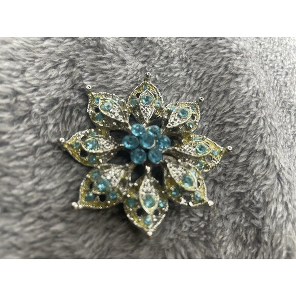 Aqua Blue Rhinestone Brooch Yellow/Green Accents Silver Tone 1.75" Round Pin - Picture 11 of 11